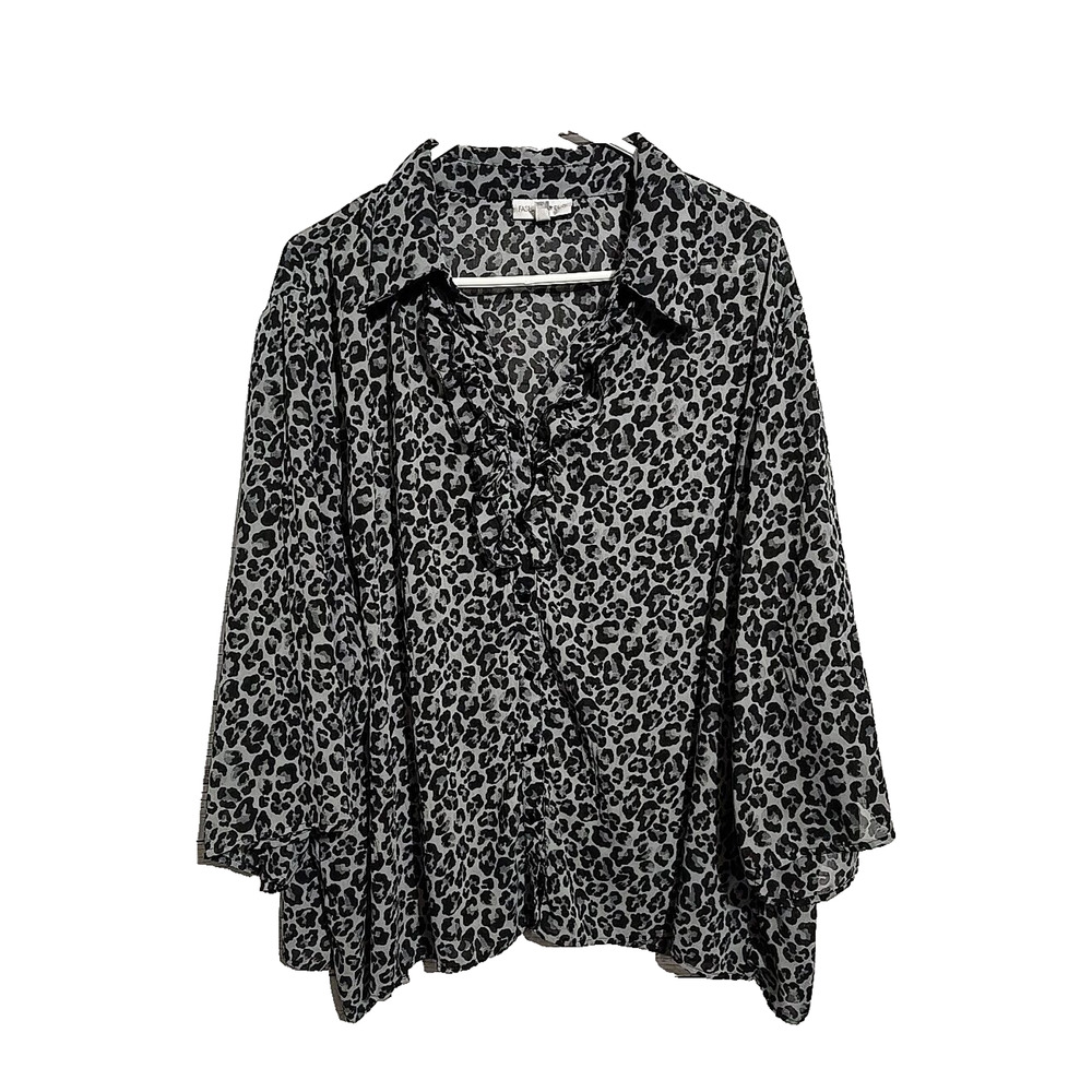 Fashion Bug Black Leopard Ruffle Button Front Long Sleeve Top Womans Size 22/24W